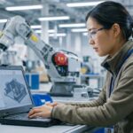 technician, factory, industrial, laptop, woman, robotics, engineering, professional, workshop, manufacturing, technology, automation, concentrated, equipment, machinery, maintenance, expertise, workplace, smart-factory, innovation, ai generated