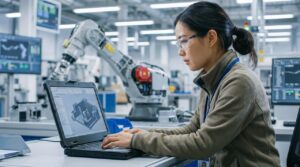technician, factory, industrial, laptop, woman, robotics, engineering, professional, workshop, manufacturing, technology, automation, concentrated, equipment, machinery, maintenance, expertise, workplace, smart-factory, innovation, ai generated